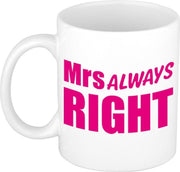Mrs always right cadeau mok / beker wit met roze letters 300 ml