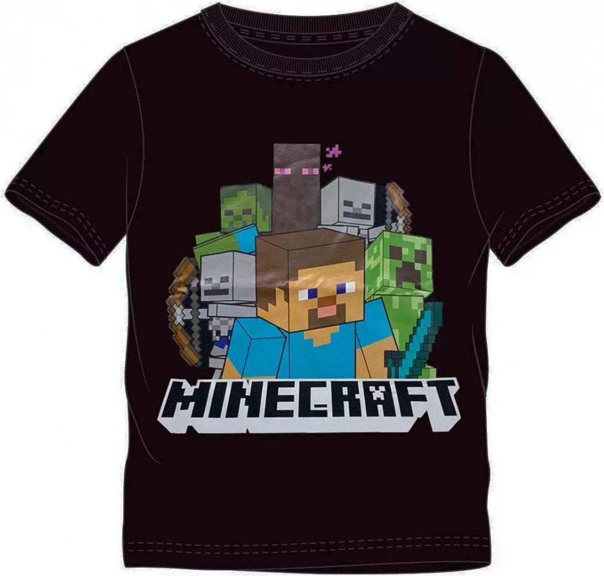 Minecraft T-shirt. Kleur zwart. Maat: 128 cm / 8 jaar.