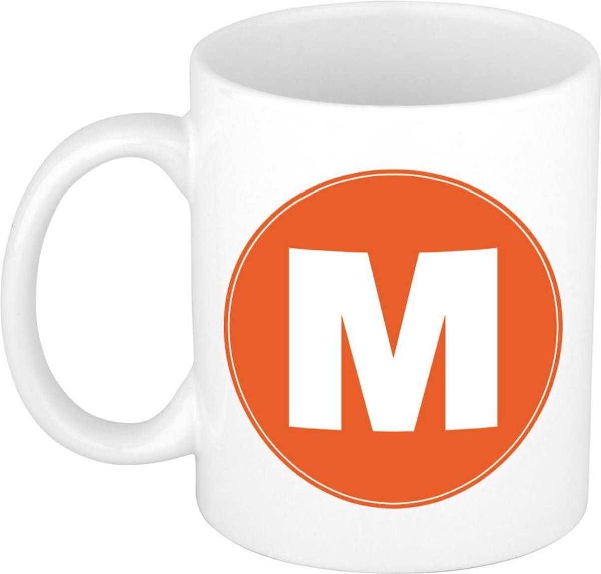 Mok / beker met de letter M oranje bedrukking voor het maken van een naam / woord of team