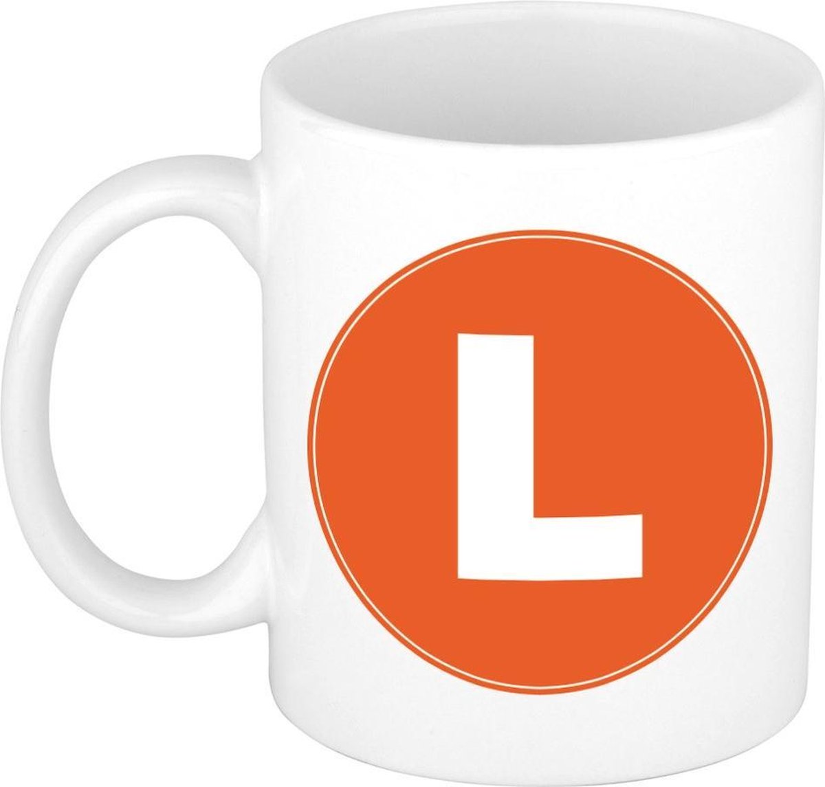 Mok / beker met de letter L oranje bedrukking voor het maken van een naam / woord of team