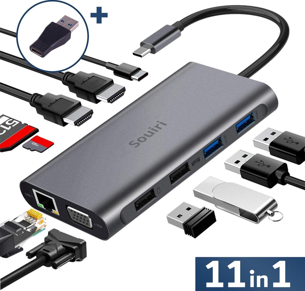 Souiri 11 in 1 USB C hub - 11poorten -  USB C - USB hub - 4 x USB 3.0 A - USB splitter - USB-C Power Delivery