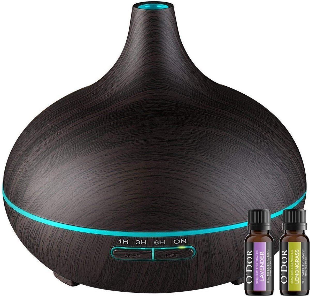 O'dor® Aroma Diffuser met EXTRA Lavendel & Lemongrass Etherische Olie - Ultrasone Vernevelaar Bevochtiger Verdamper- Donkerbruin