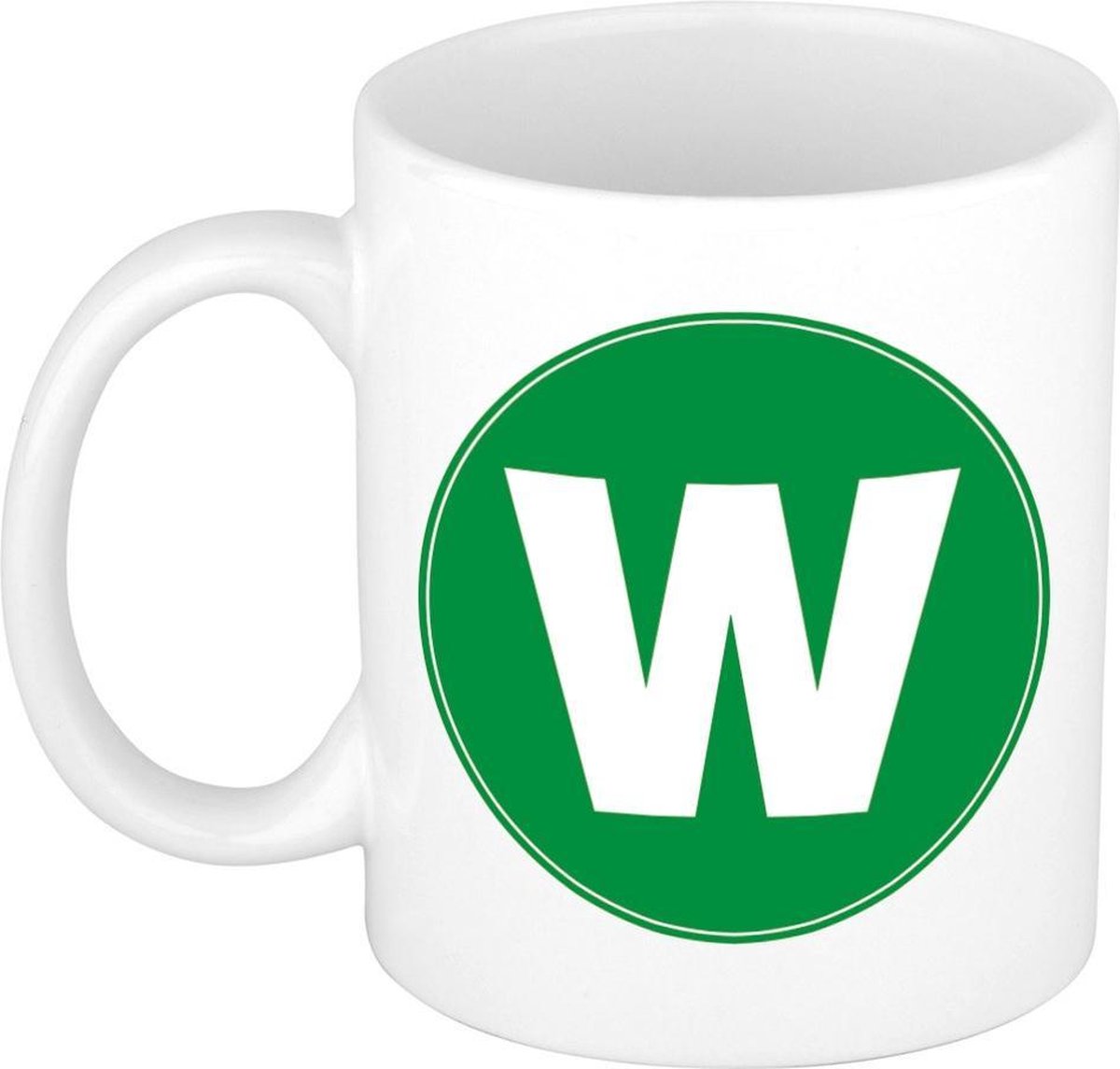 Mok / beker met de letter W groene bedrukking voor het maken van een naam / woord of team