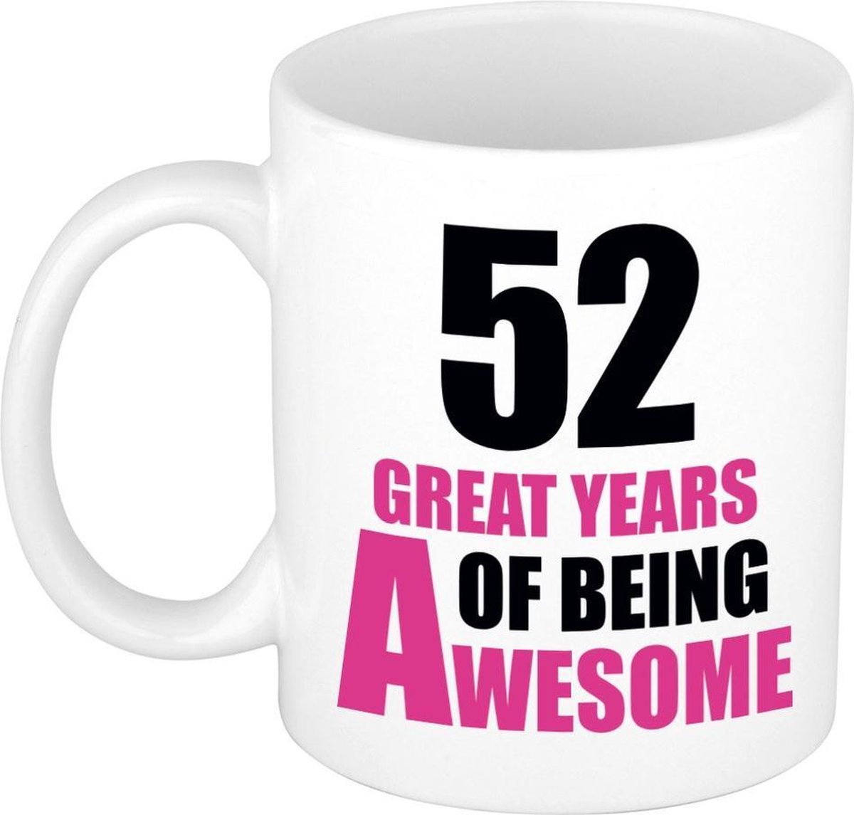 52 great years of being awesome cadeau mok / beker wit en roze