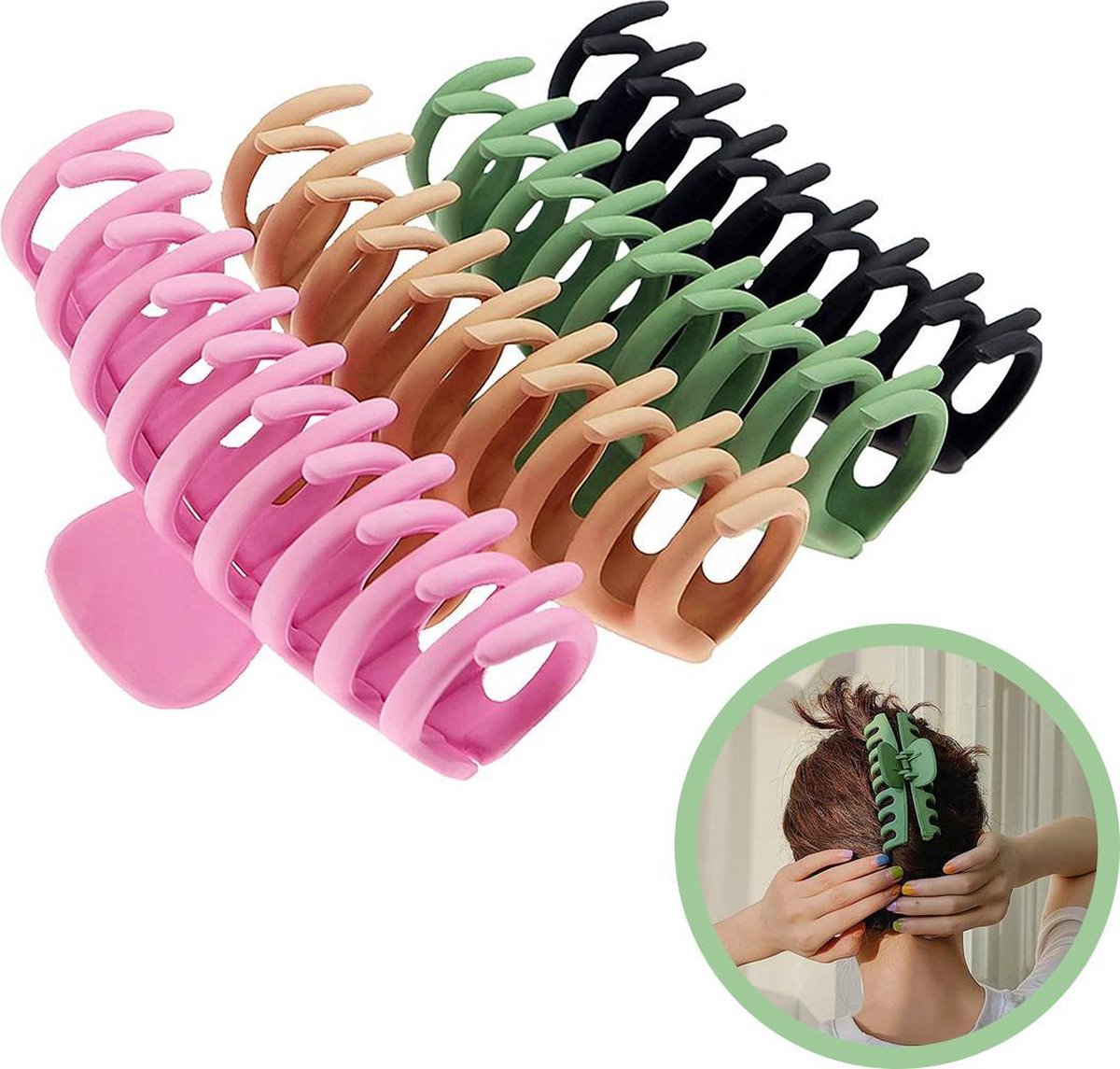 JOLTIA - Haarklemmen - 4 Pack - Haarspeld - Haarklem Groot - Grote Haarclip - Haarklauw - Afdeelkemmen - Modieus - Dames - Zwart - Olijf Groen - Beige - Roze