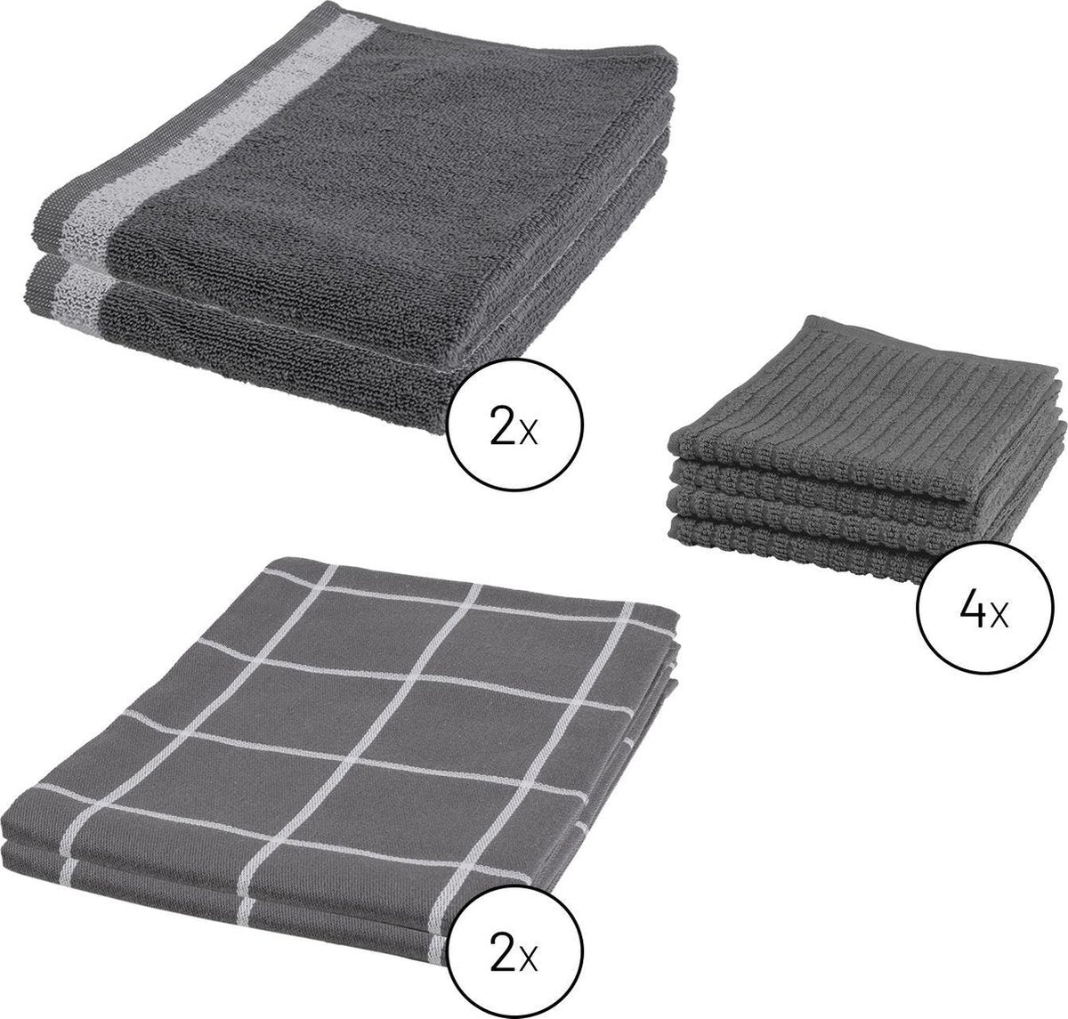 Byrklund Set Donker Grijs - 2x Theedoek 50x70cm + 2x Keukendoek 50x50cm + 4x Vaatdoek 30x30cm