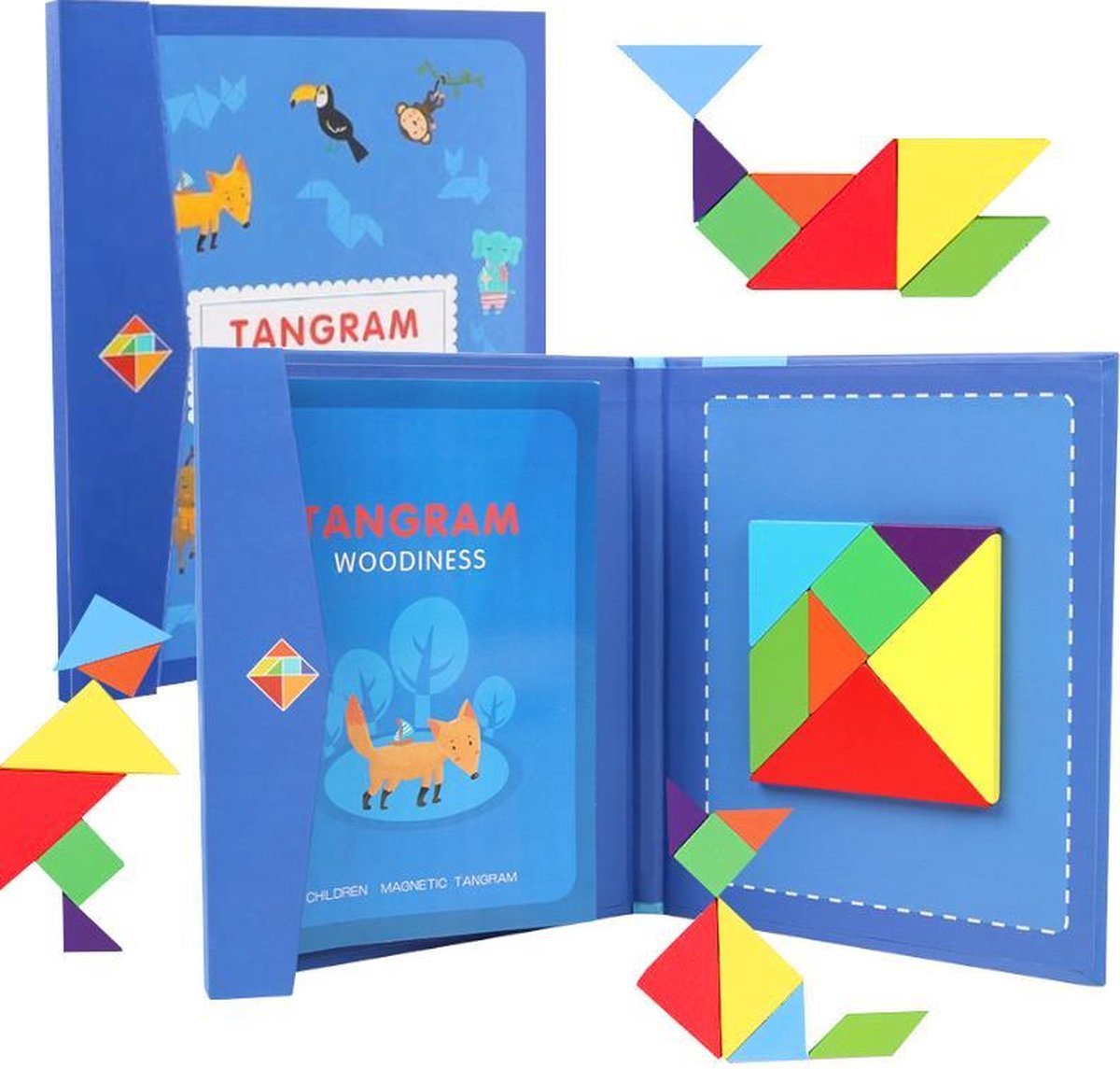 Fesio Tangram Puzzelboek Magnetisch - 96 Puzzels - Magneetboek/Houten Vormenpuzzel - Donkerblauw