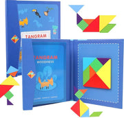 Fesio Tangram Puzzelboek Magnetisch - 96 Puzzels - Magneetboek/Houten Vormenpuzzel - Donkerblauw