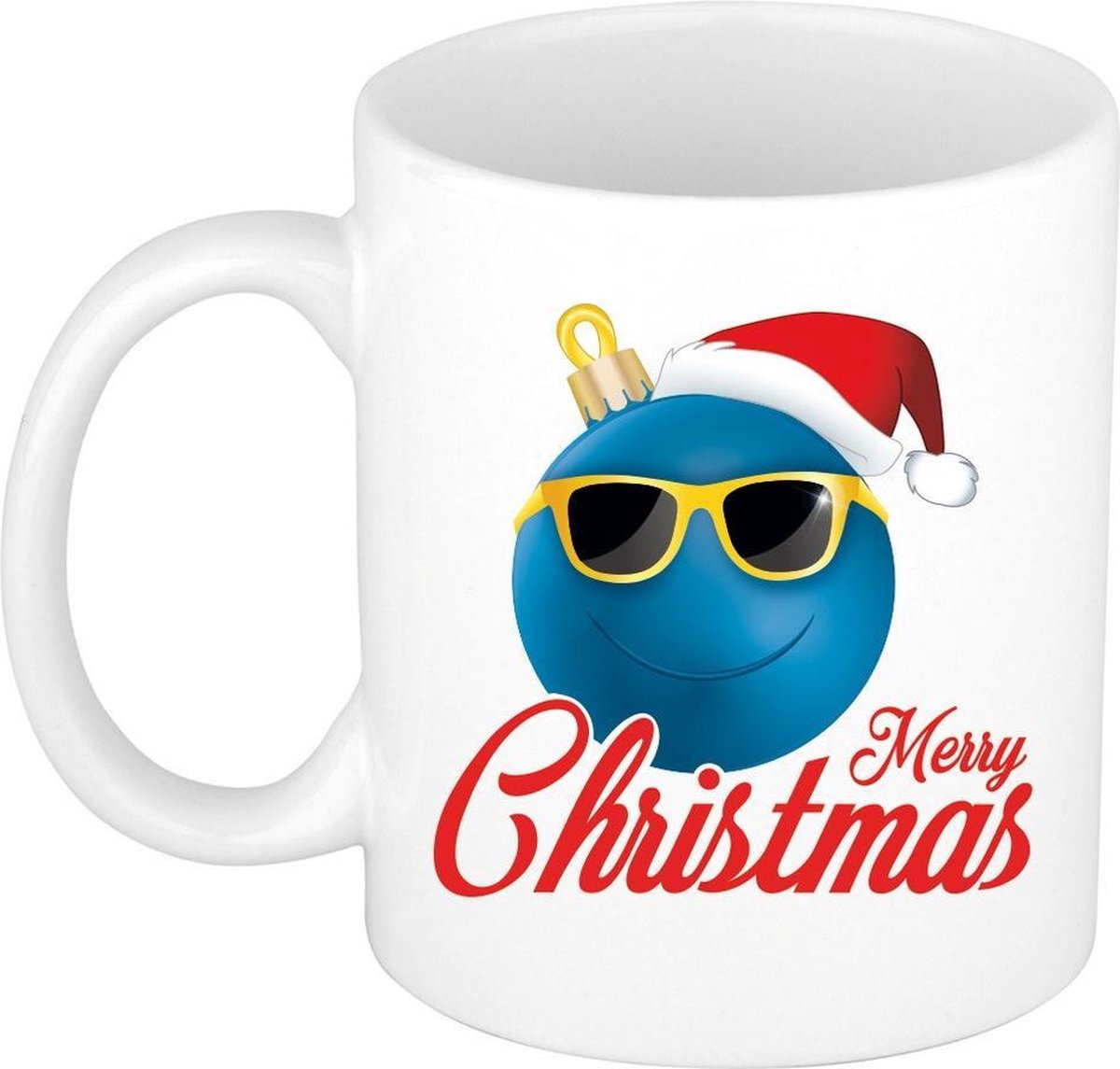 Merry Christmas kerstcadeau kerstmok blauwe kerstbal met kerstmuts 300 ml