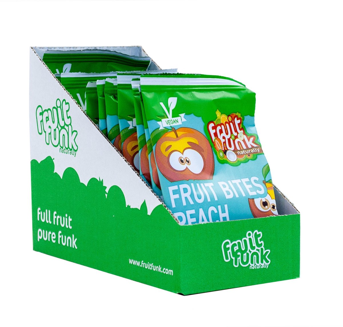 Fruitfunk Happybag Perzik (42 kleine uitdeelzakjes)  Fruitsnack - snoepjes gemaakt van fruit - Vegan  - Gezond snoep - Geen toegevoegde suikers - ideaal voor in de snoeppot - verantwoorde voorverpakte traktatie
