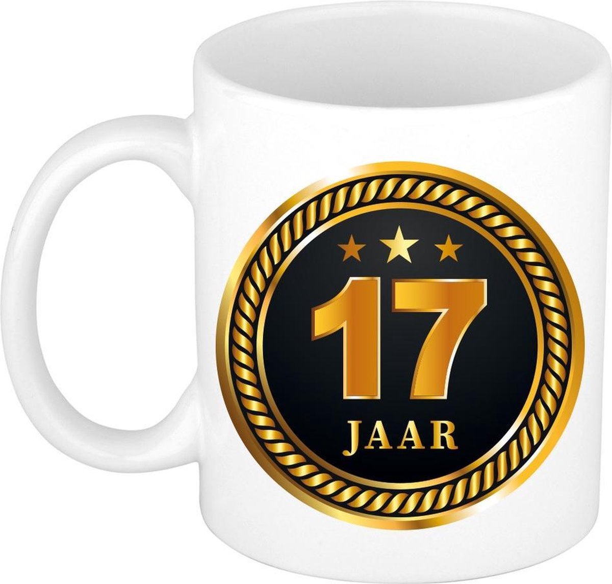 17 jaar cadeau mok / beker medaille goud zwart voor verjaardag/ jubileum