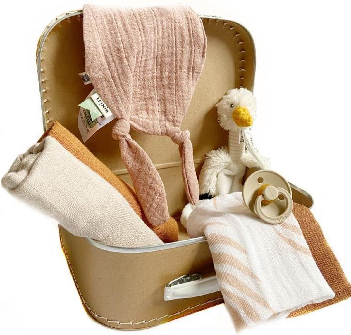 Geboortekoffer | kraamcadeau | Jollein | BIBS | Trixie | Anais | Happy Horse | speen | geboortepakket | kraft | koffer | kinderkoffer | logeerkoffer