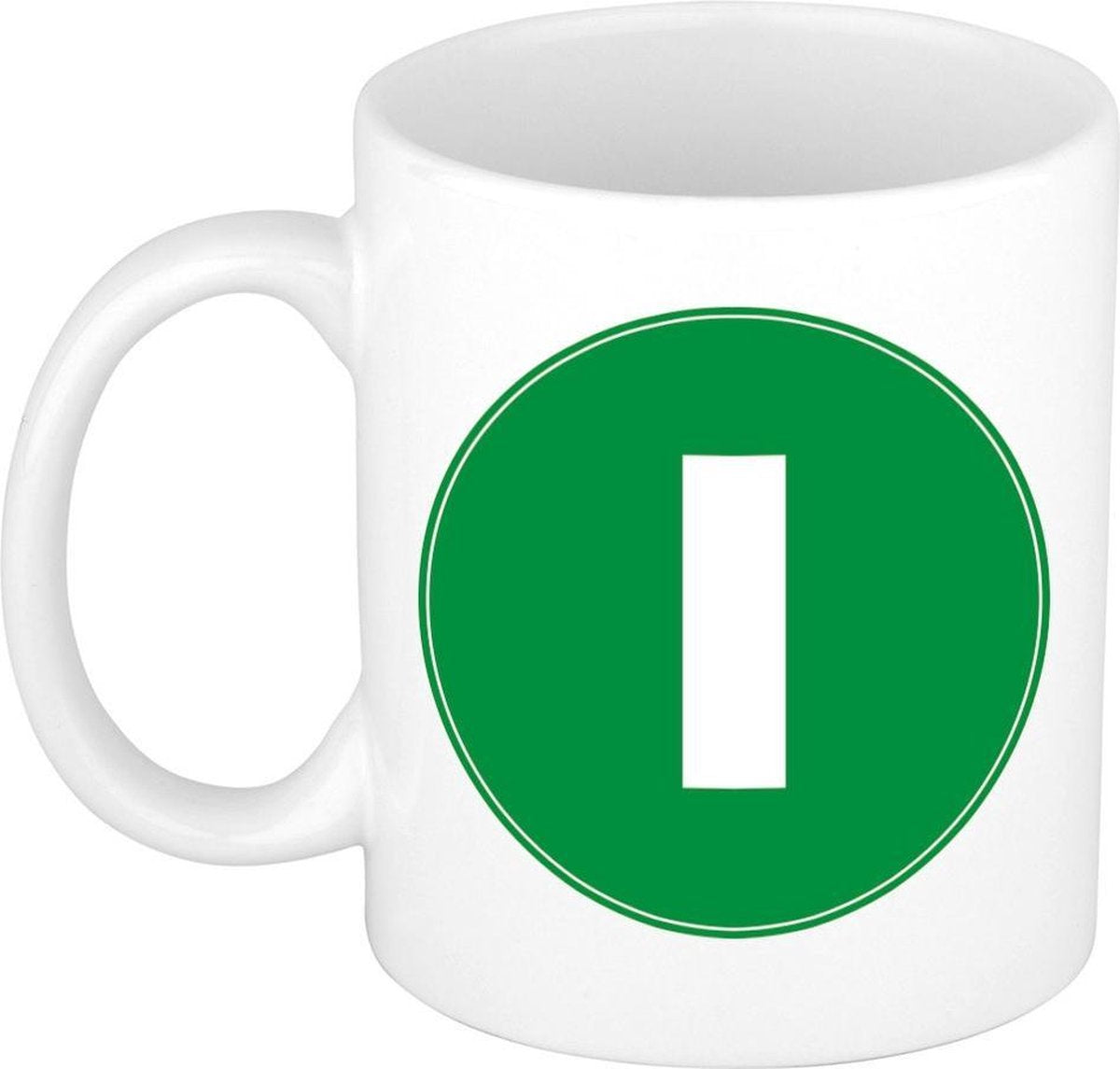 Mok / beker met de letter I groene bedrukking voor het maken van een naam / woord of team