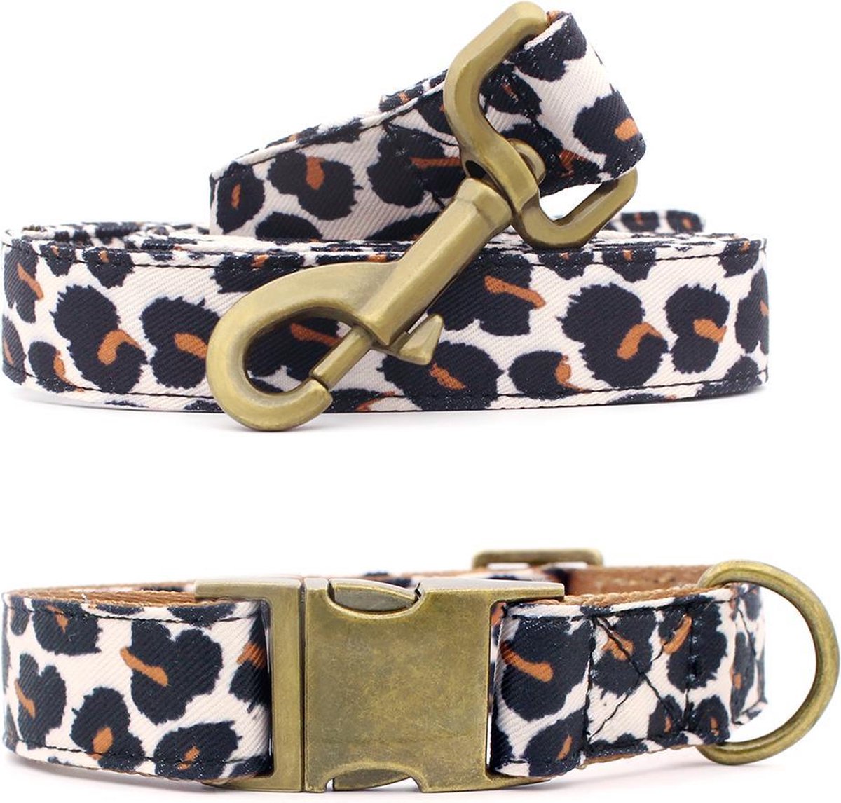 Studio Proud - Complete set - Halsband en hondenriem - tijger print - bronskleurige accenten - maat S - te combineren met bijpassende poepzakjeshouder