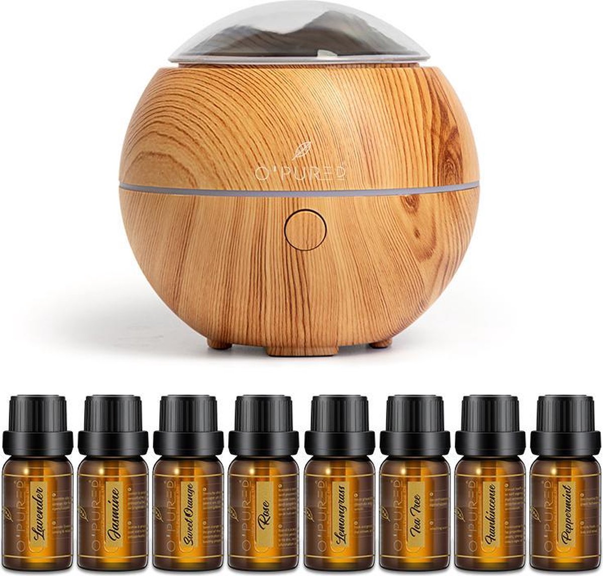O'PUREd Aroma Diffuser Met  8 Flesjes Etherische Olie| Luchtbevochtiger | Vernevelaar | Aromatherapie Set |Houtkleur