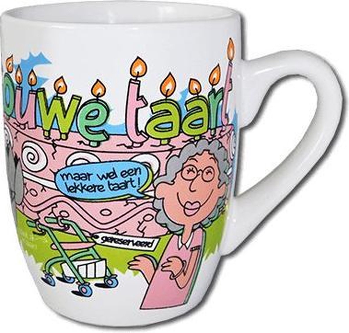 Mok - Cartoon Mok - Ouwe Taart - In cadeauverpakking met gekleurd lint