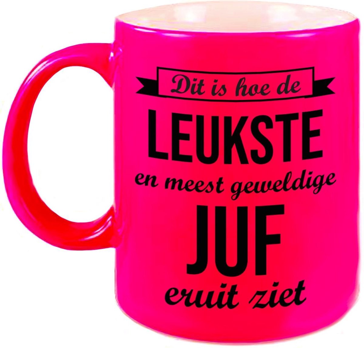 Leukste en meest geweldige juf cadeau koffiemok / theebeker neon roze 330 ml