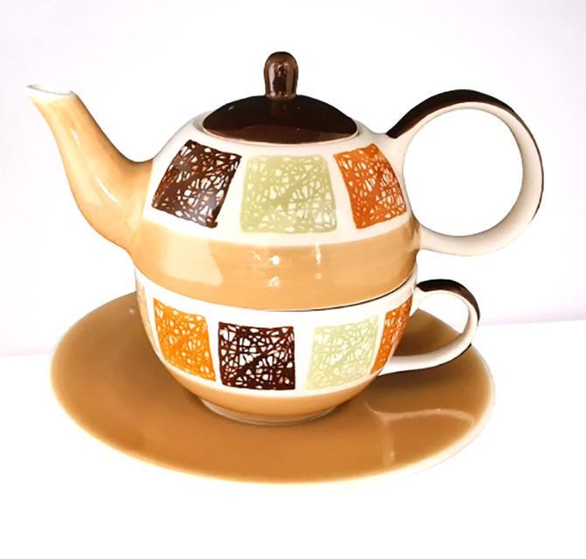 Tea for one set - Theeset - Keramiek - Handgeschilderd - Bruin
