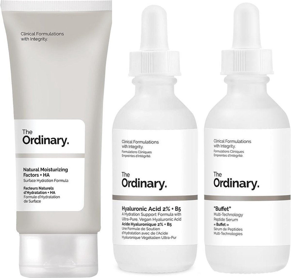 The Ordinary verzorgingsset - Anti-aging voor een strakkere huid - Buffet Multi-Technology Peptide 60 ml - Hyaluronic Acid 2% + B5 60 ml - Natural Moisturising Factors + HA 100 ml