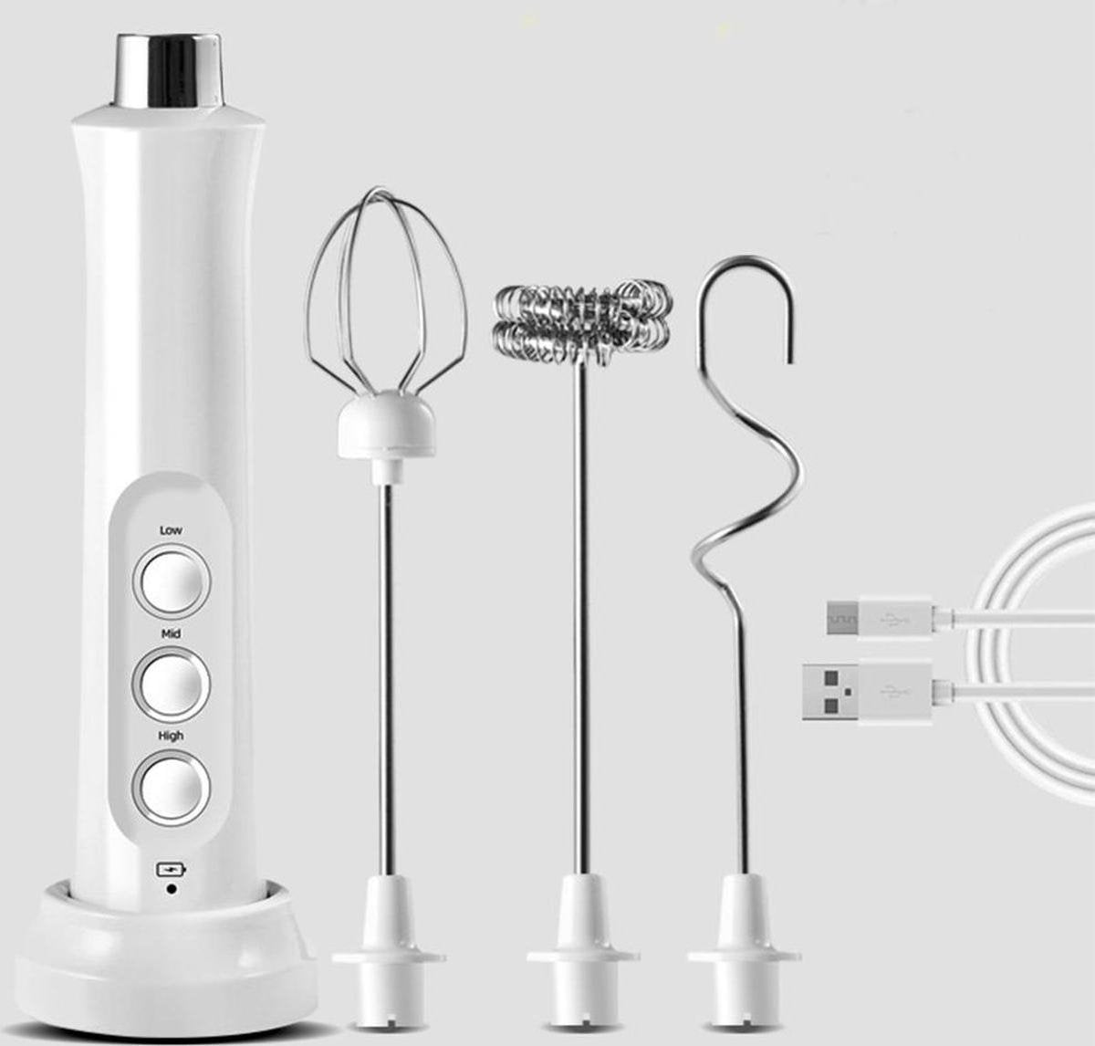 Melkopschuimer - Milk Frother - Melkopschuimer electrisch - Melkschuimer - Melkopschuimer handmatig - RVS - Drie opzetstukken - Wit