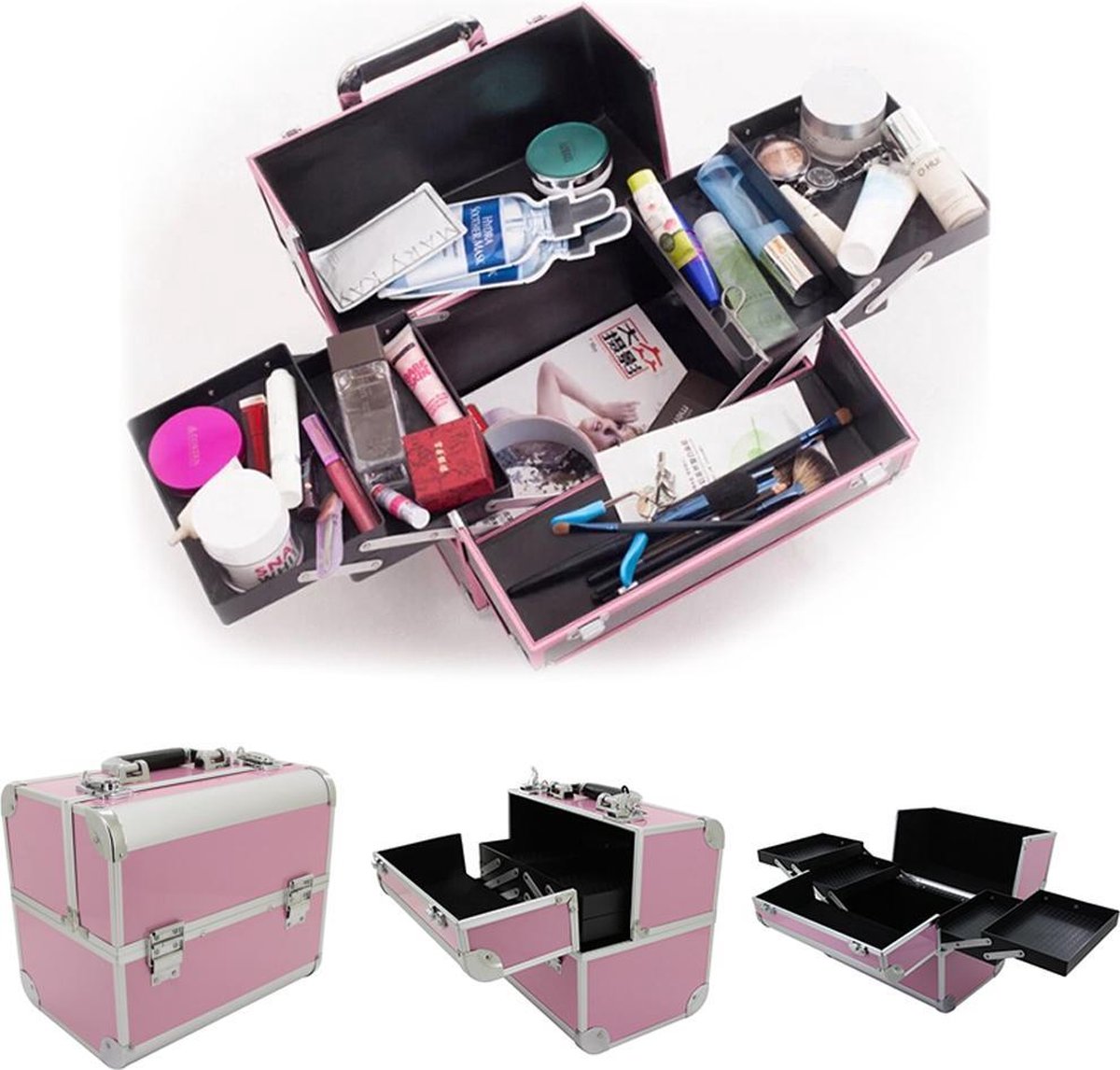 Confibel Make Up Koffer - Uitklapbaar - 5 Opbergbakken - met Slot - Roze