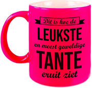 Leukste en meest geweldige tante cadeau koffiemok / theebeker neon roze 330 ml