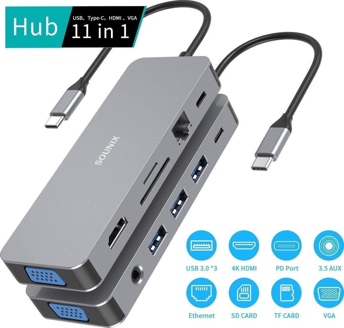 Sounix® 11 in 1 dockingstations - USB-C Hub Adapter - 4K UHD HDMI - VGA - USB 3.0 - Docking Station