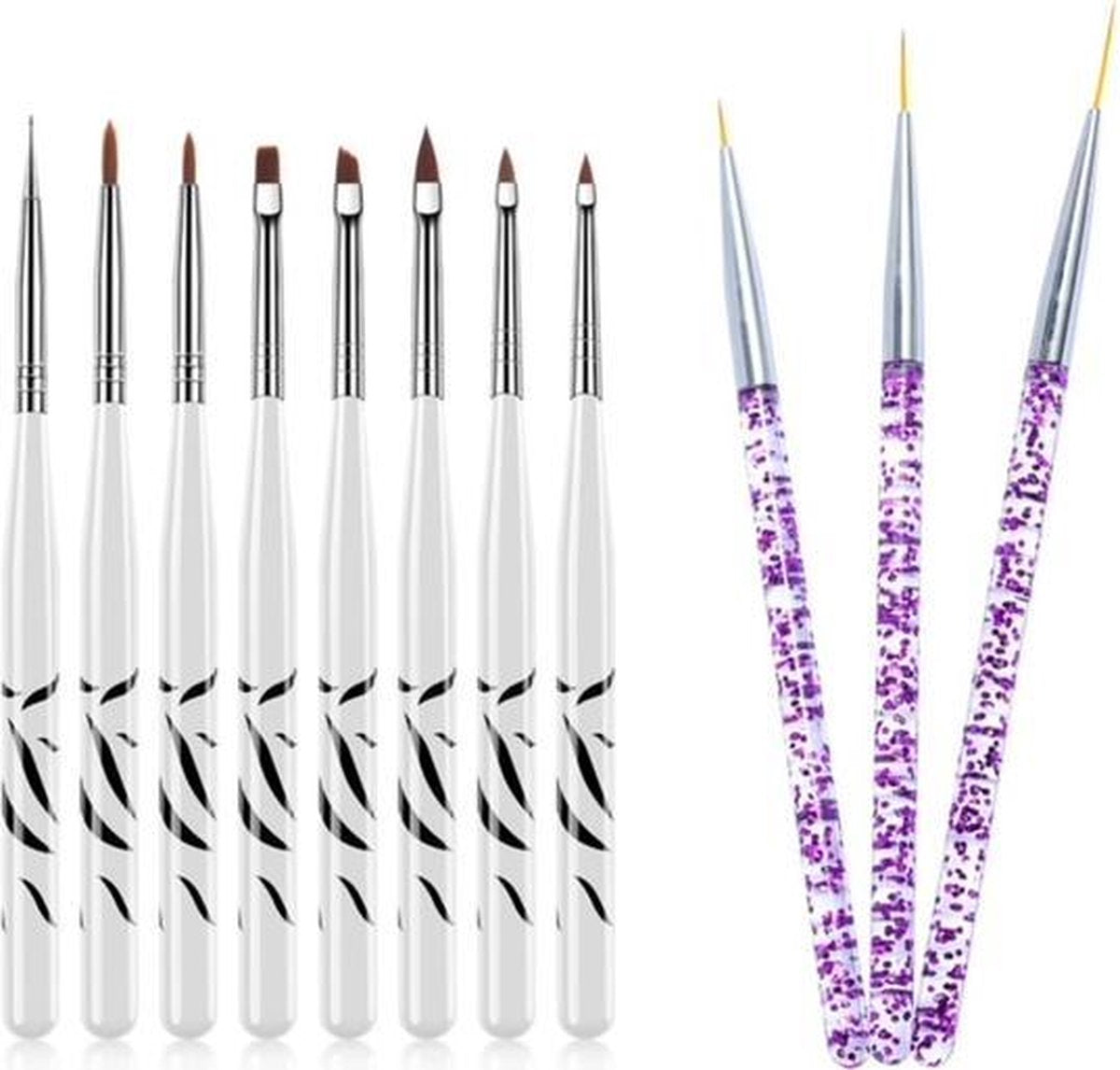 GUAPÀ - Nail Art Gel Penselen Duo Set voor het creëren van prachtige nagels - High Quality - 11 stuks - Zwart Wit Paars
