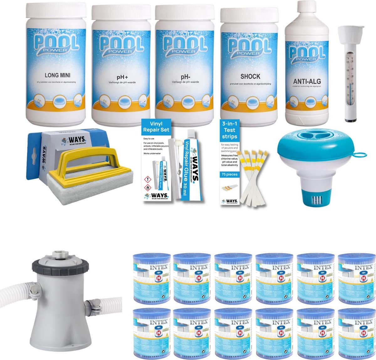 WAYS - Zwembad Onderhoud - Onderhoudspakket Medium Deluxe & Intex Filterpomp 28602GS & 12 Intex Filters Type H