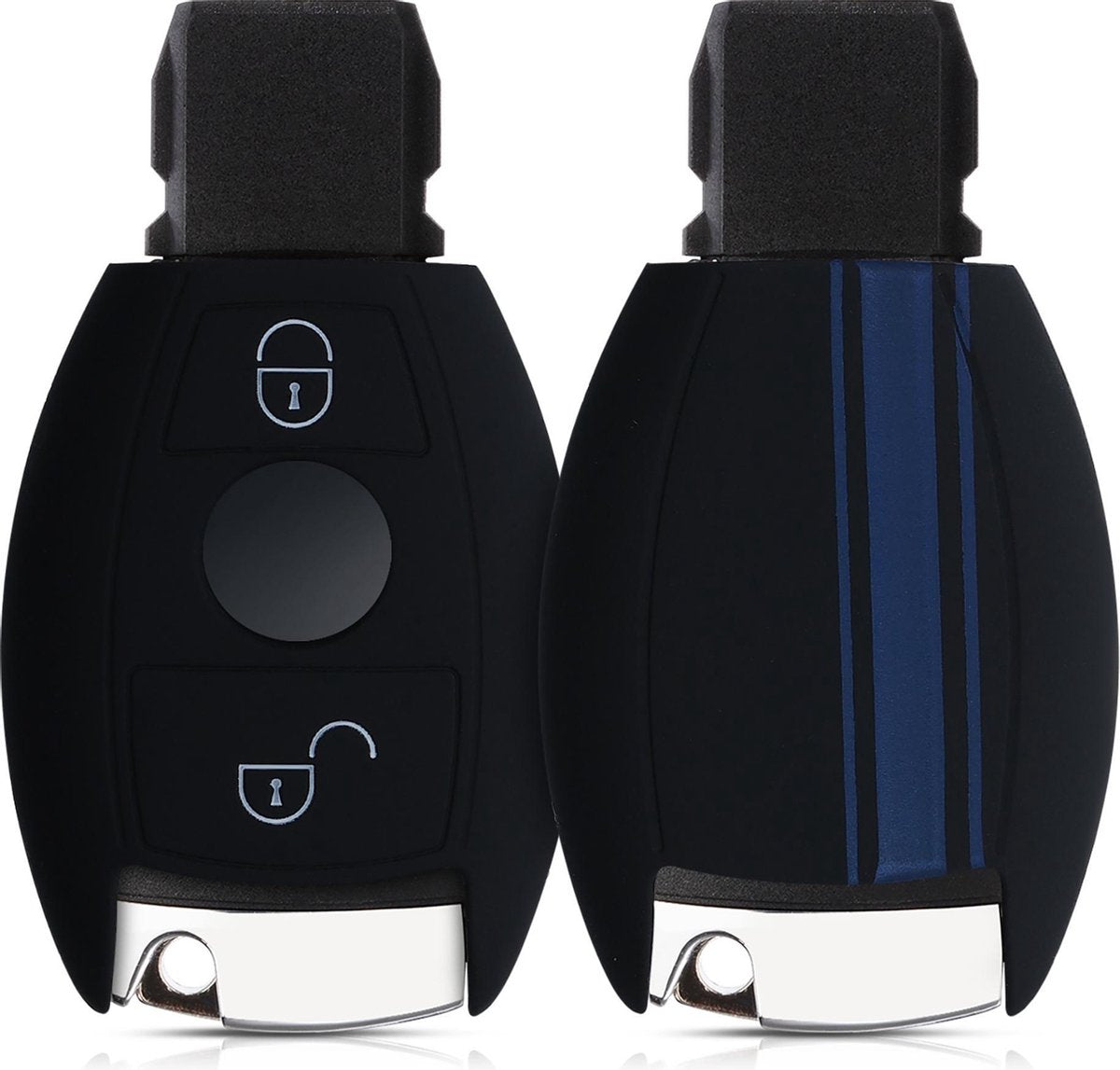kwmobile autosleutelhoes voor Mercedes Benz 2-knops autosleutel (alleen Keyless Go) - Siliconen beschermhoes in blauw / zwart - Rallystrepen design