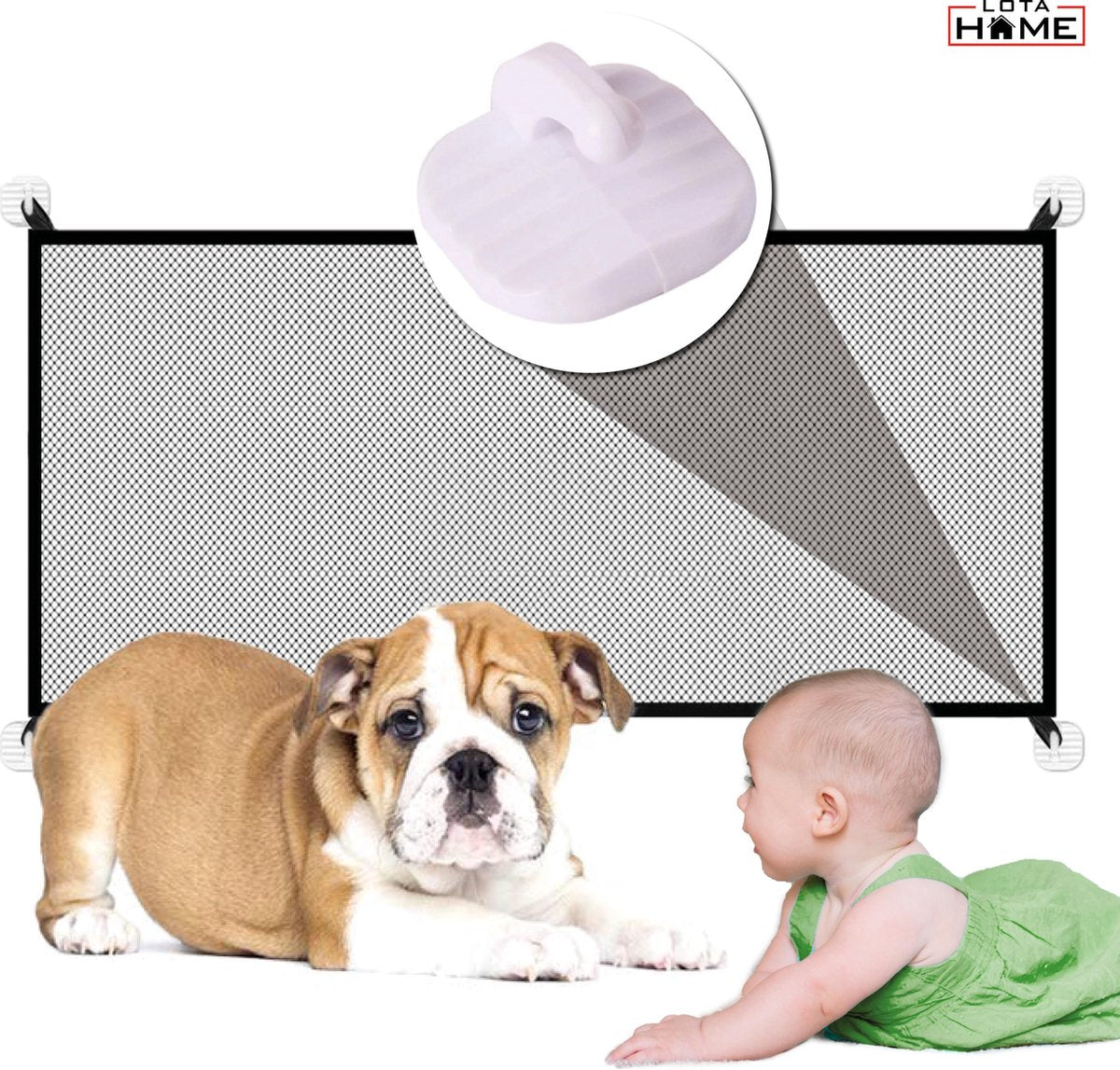 LotaHome®  - Oprolbaar Hondenhek - Babyhekje - Veiligheidshek - 110 x 75 cm - Opvouwbaar - Hondenhekje - Deurhekje - Traphekje zonder boren - Veiligheidshek - Kind - Kleuter - Puppy hekje - Zwart