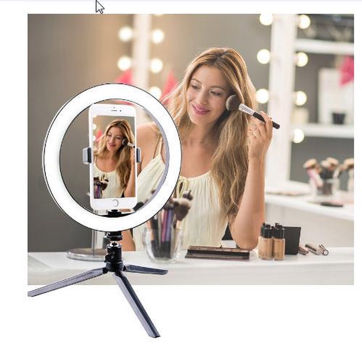 Tafel Selfie Ring Lamp - 26 Cm - met Tripod / Smartphone Statief - Dimbare 0 -100 - voor Camera