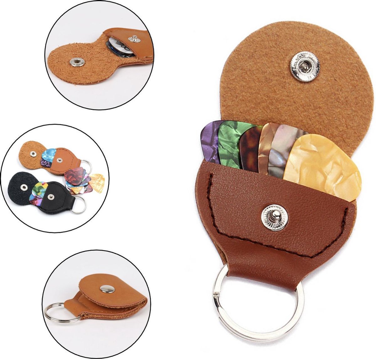 Kwalitatieve Plectrum Sleutelhanger inclusief 3 Plectrums - Bruin Vintage Leren Look - Kwaliteit - Duurzaam - Gitaar - Gitaarplectrums - Muziek - Gadget - Cadeau - Klassieke Akoestische Bas Electrische Gitaar - Plectrum set - Plectrumset - BRUIN