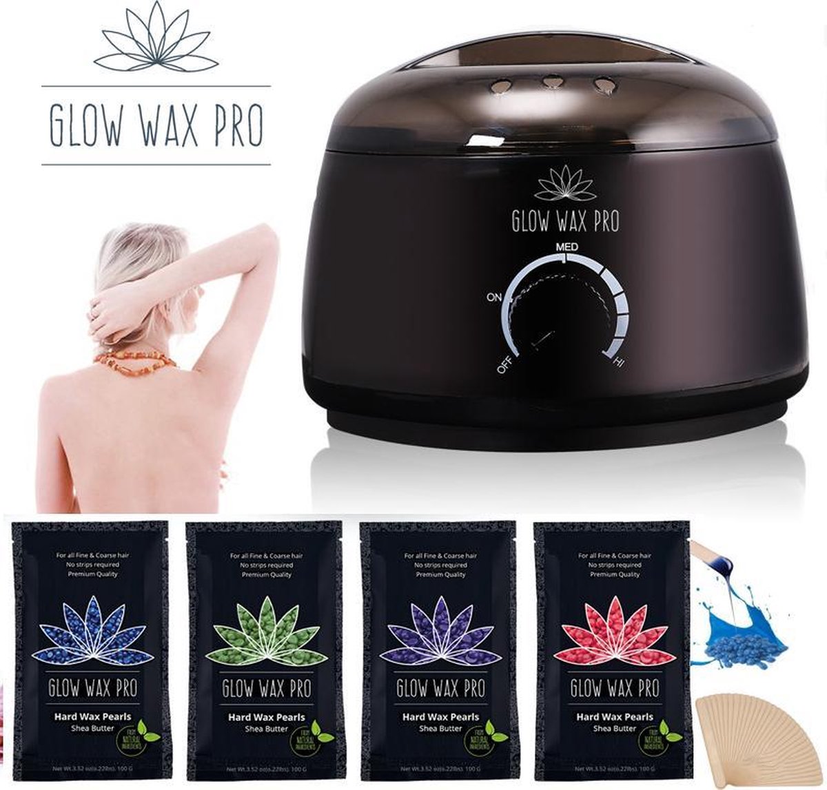 Glow Wax Pro Ontharing Set - Inclusief 4x Wax Bonen en 20 Houten Spatels - Wax apparaat- Geschikt voor het Ontharen van Lichaam en Gezicht - Ontharingsapparaat - Harsapparaat - Harsverwarmer - Hars Verwarmer Apparaat - Wax Beans Heater  Valentijnsdag