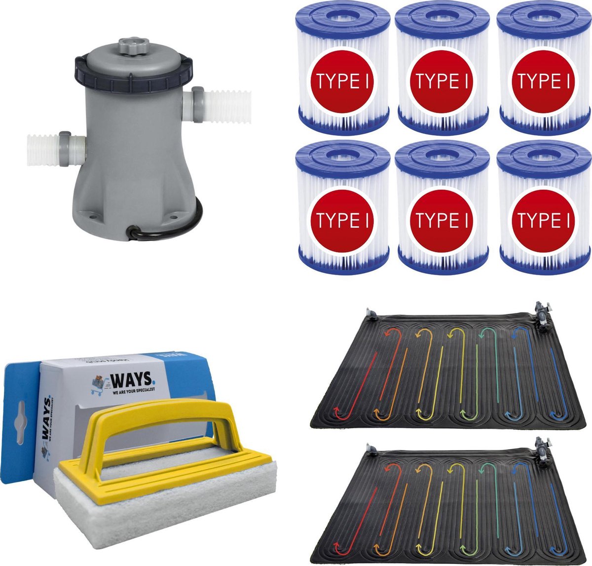 WAYS - Zwembad Onderhoud - Zwembad Verwarming 2 stuks & Bestway Filterpomp 1249 L/h & 6 Bestway Filters Type I & WAYS Handy Scrubborstel