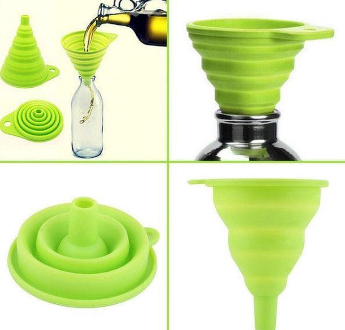 Mini opvouwbare siliconen trechter groen met ophangoogje