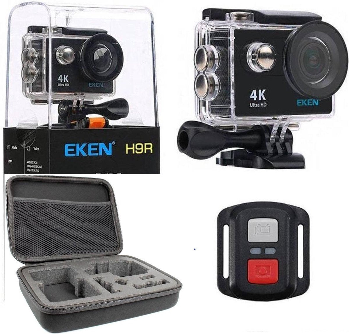 EKEN H9R+ ACTION Camera 20MP 4K ULTRA HD waterproof met WiFi & Afstandsbediening veel extra's en hardschalige opbergkoffer