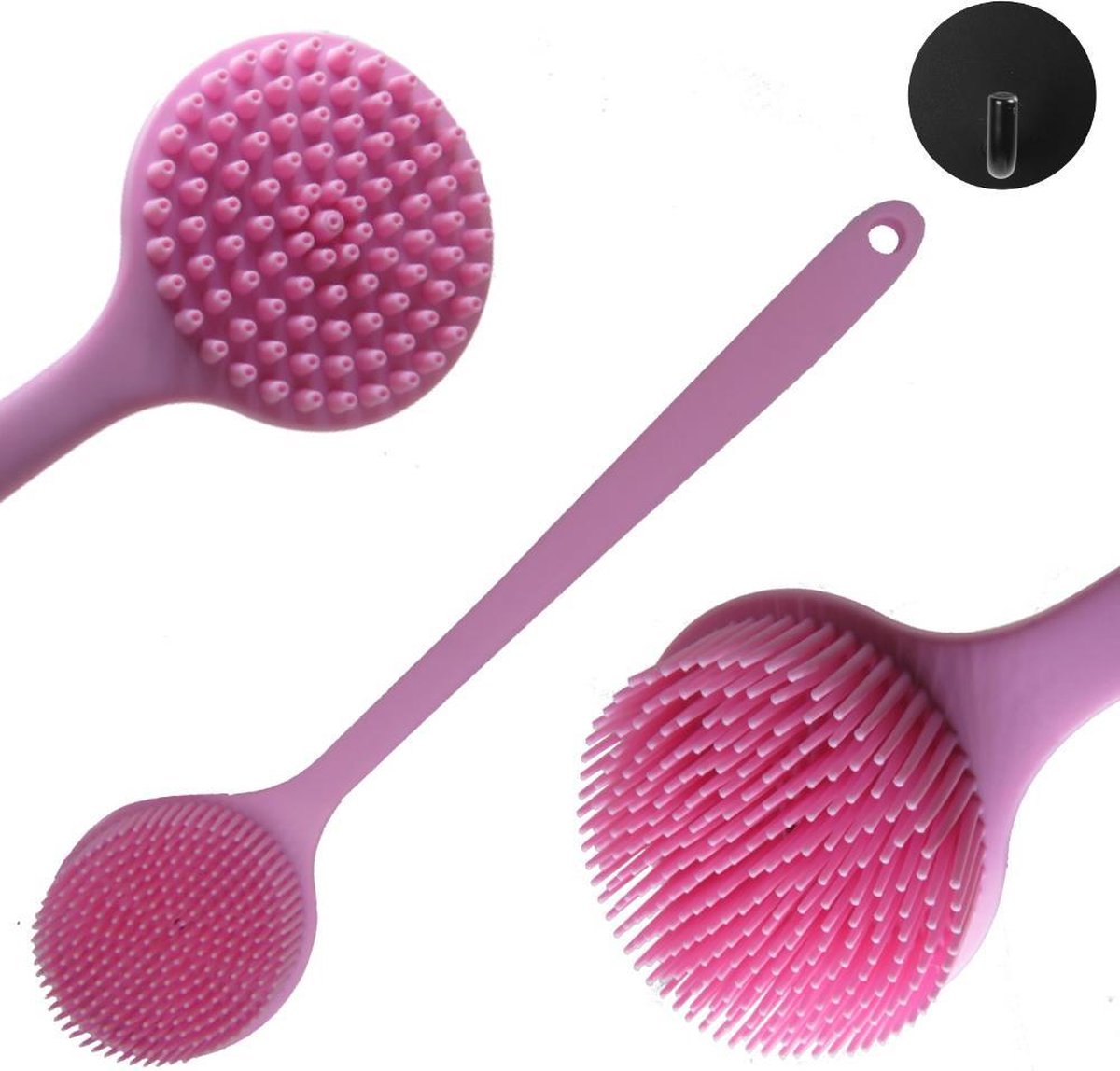 B&P Badborstel met steel - incl. haakje - roze - kunststof - massageborstel rug -  douche borstel steel - borstel - lichaamsborstel silicone - scrub lichaam - wet & dry brush