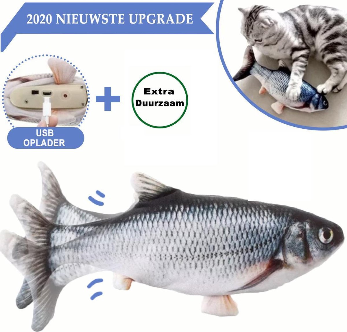 Elektrisch kattenspeeltje – Extra Makkelijk te Gebruiken - Dansende Vis – Bewegende Vis – Catnip Vis – Diervriendelijk Kattenspeeltje – Visspeeltje – USB Oplaadbaar – 30 cm