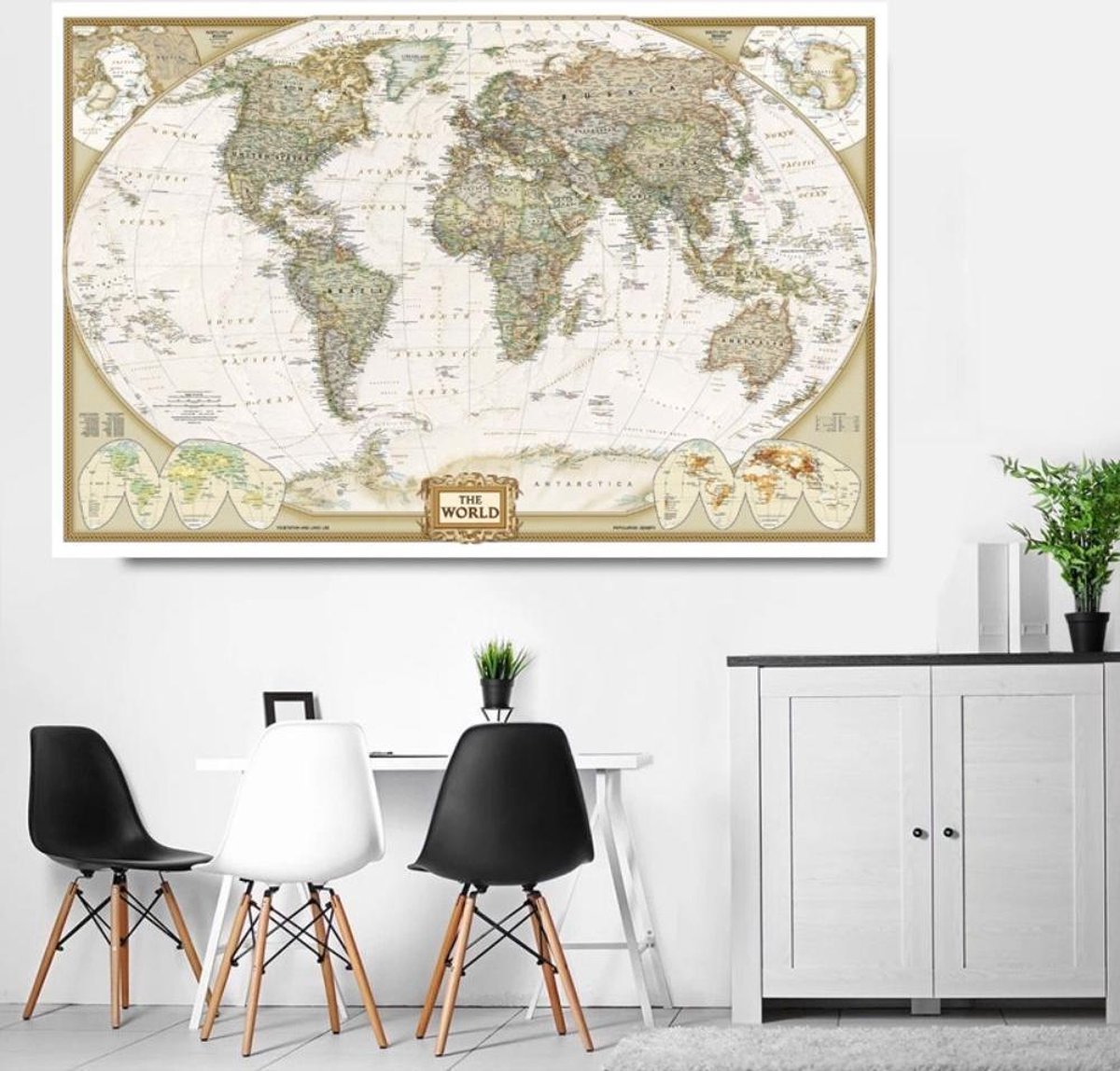 Grote Wereldkaart - Vintage Landkaart - Schoolkaart  - Retro Schoolplaat - Atlas 150 x 100 CM - Wanddecoratie - Extra Groot - Kwaliteit - Design - Poster - Om aan de muur te hangen - Wereld Kaart - Land Kaart - Continenten - Vintage