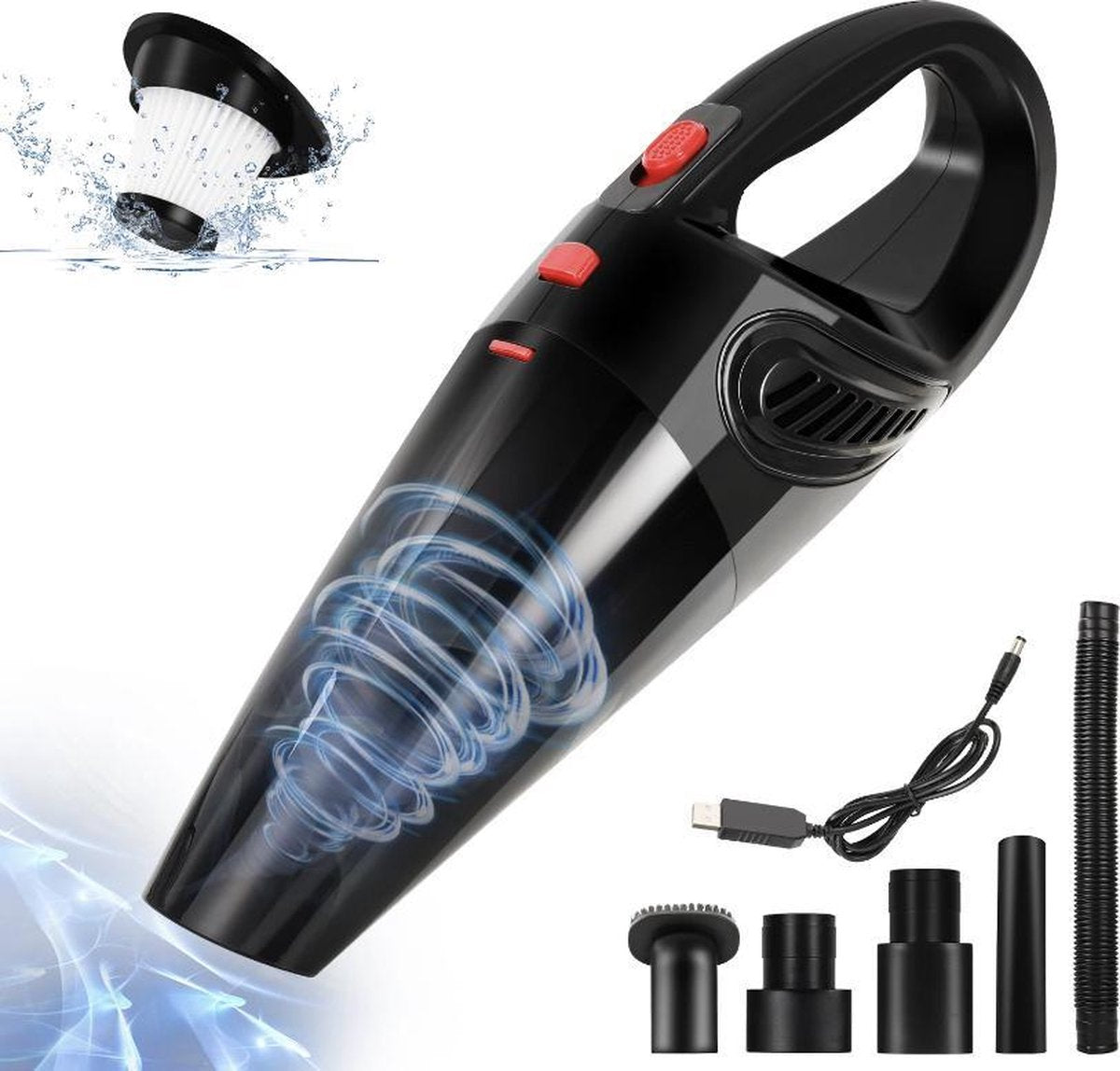 Vitasy® Kruimeldief Snoerloos – Auto stofzuiger – Handstofzuiger – Kruimeldief best verkocht – 5 opzetstukken en HEPA filter – USB Oplaadbaar - Zwart