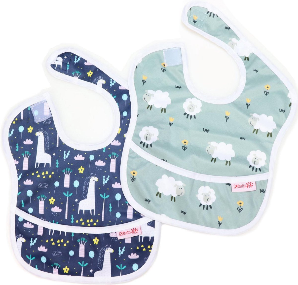 KliederZ baby eetslabbetje met opvangbakje | set 2 stuks slabber jongen | Langnek & Wollig | FP02