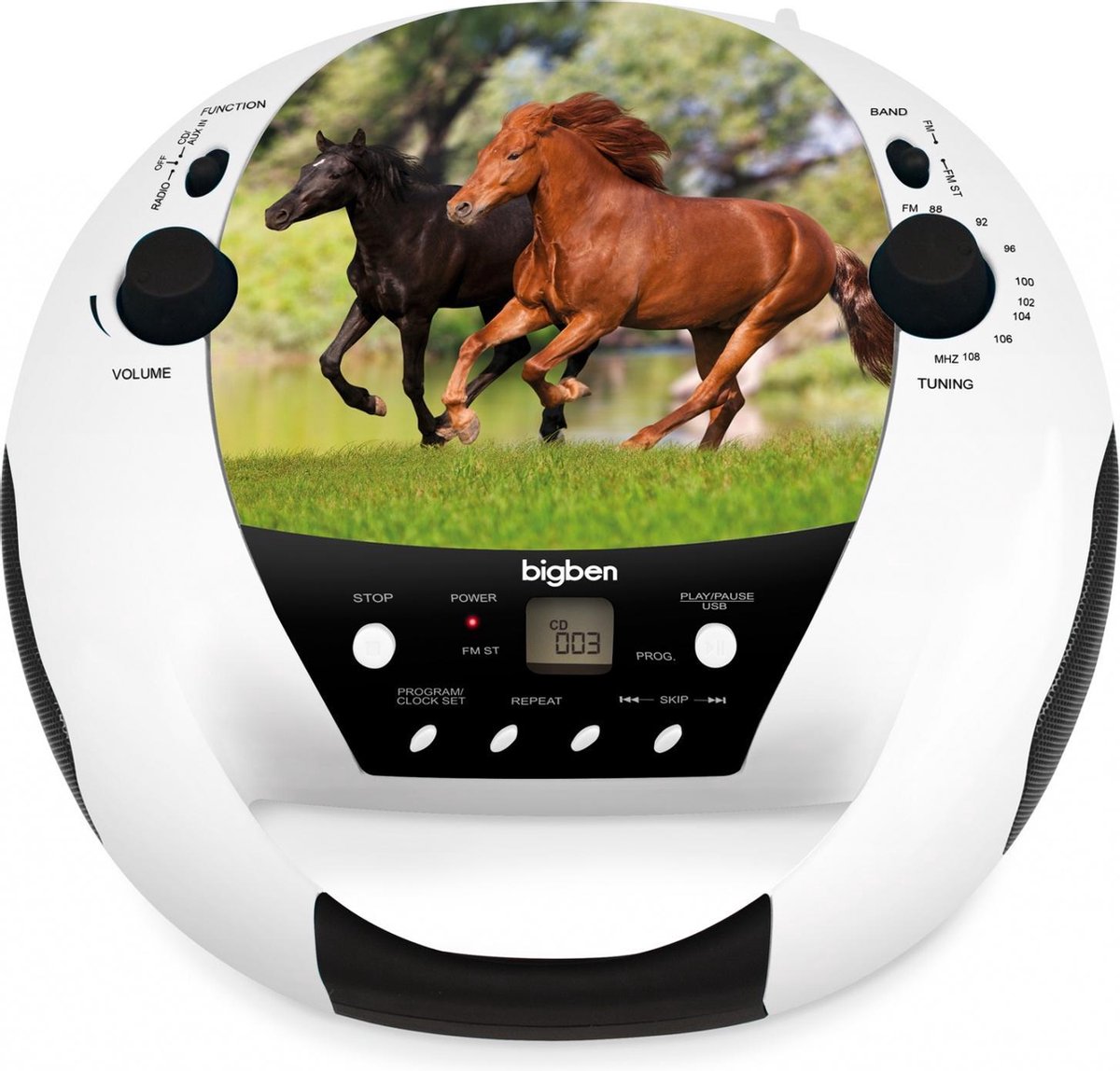 Bigben Draagbare AUX/FM Radio/CD-Speler - Paarden - Wit/Zwart
