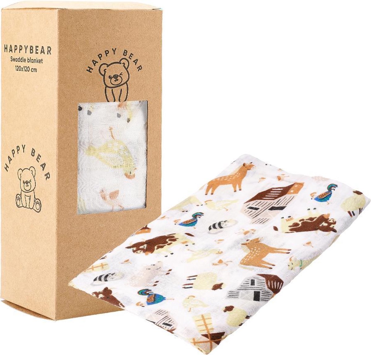 HappyBear - Hydrofiele swaddle doek – Boerderij | 120cm x 120cm | Inbakerdoek
