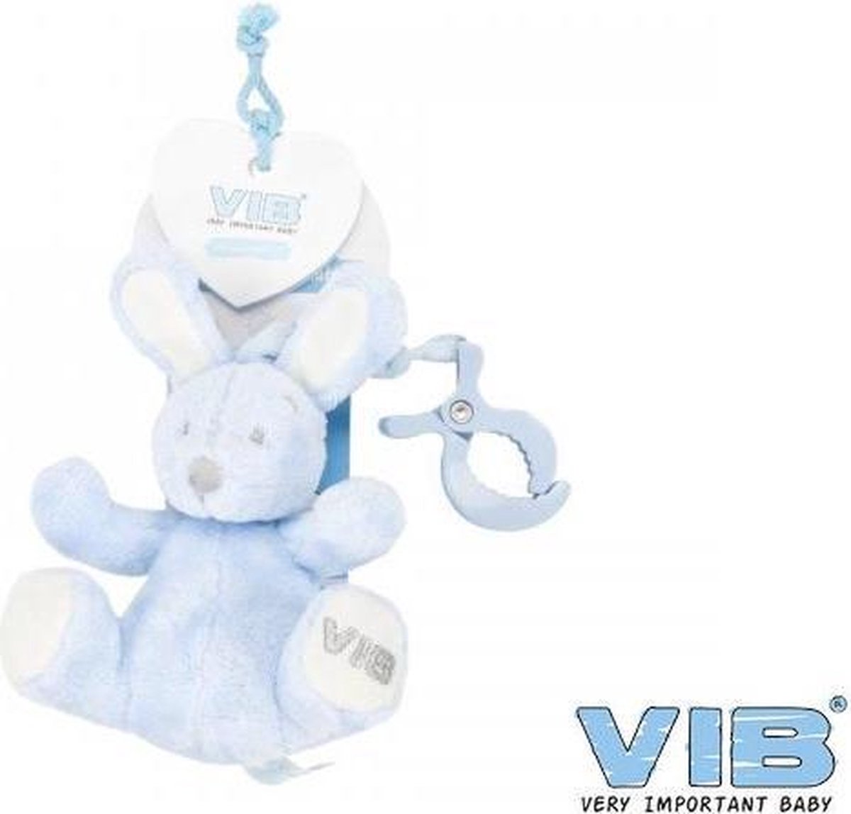 V.I.B. PLUCHE KONIJN ZITTEND blauw mET CLIP EN TREKKOORD