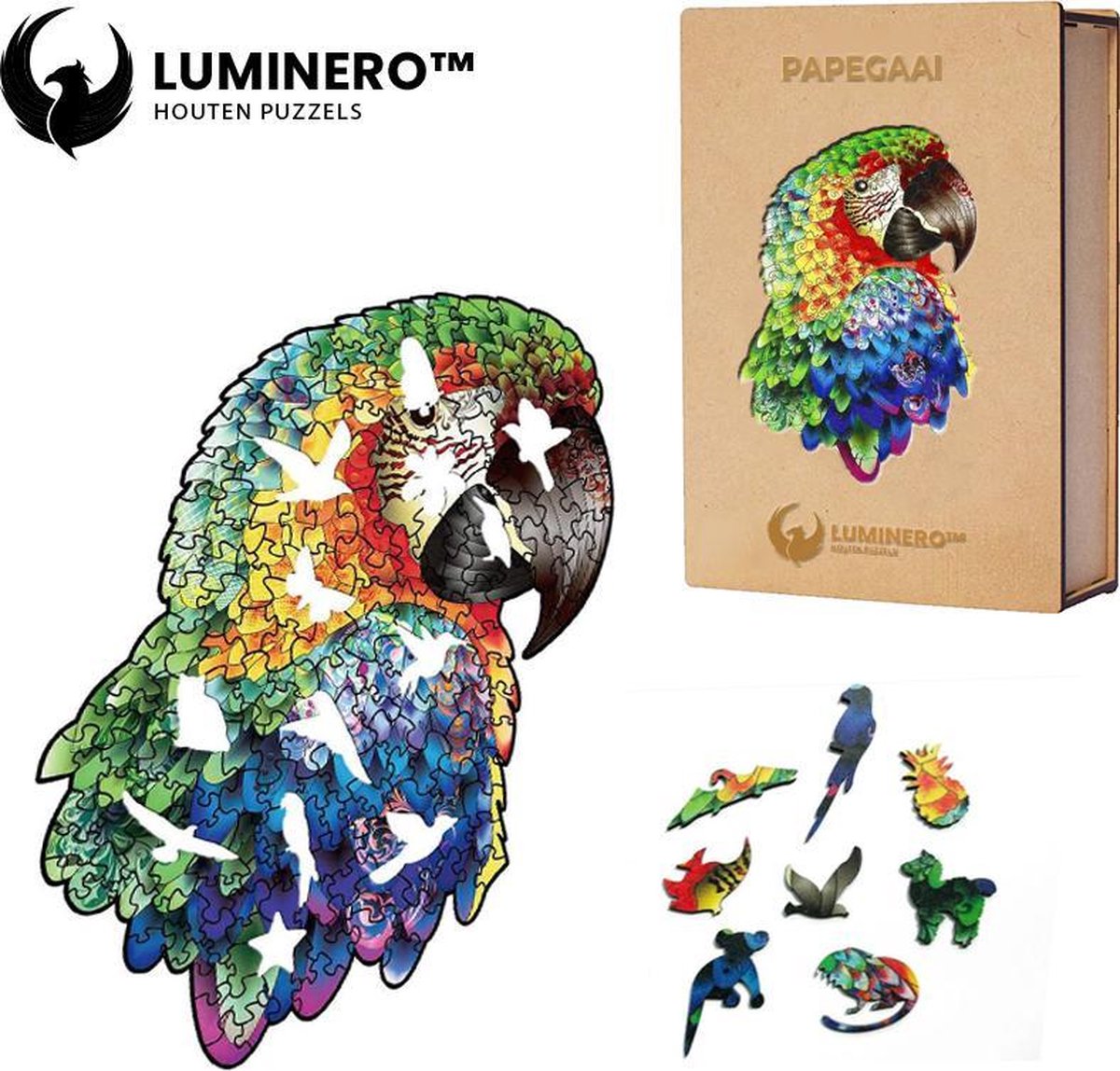 Luminero™  Houten Papegaai Jigsaw Puzzel - A5 Formaat Jigsaw - Unieke 3D Puzzels - Huisdecoratie - Wooden Puzzle - Volwassenen & Kinderen - Incl. Houten Doos