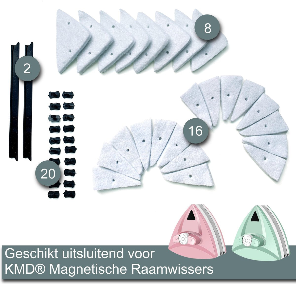 KMD®️ Accessoires Magnetische Raamwisser Roze/Groen - Navulset - Reserve sponzen