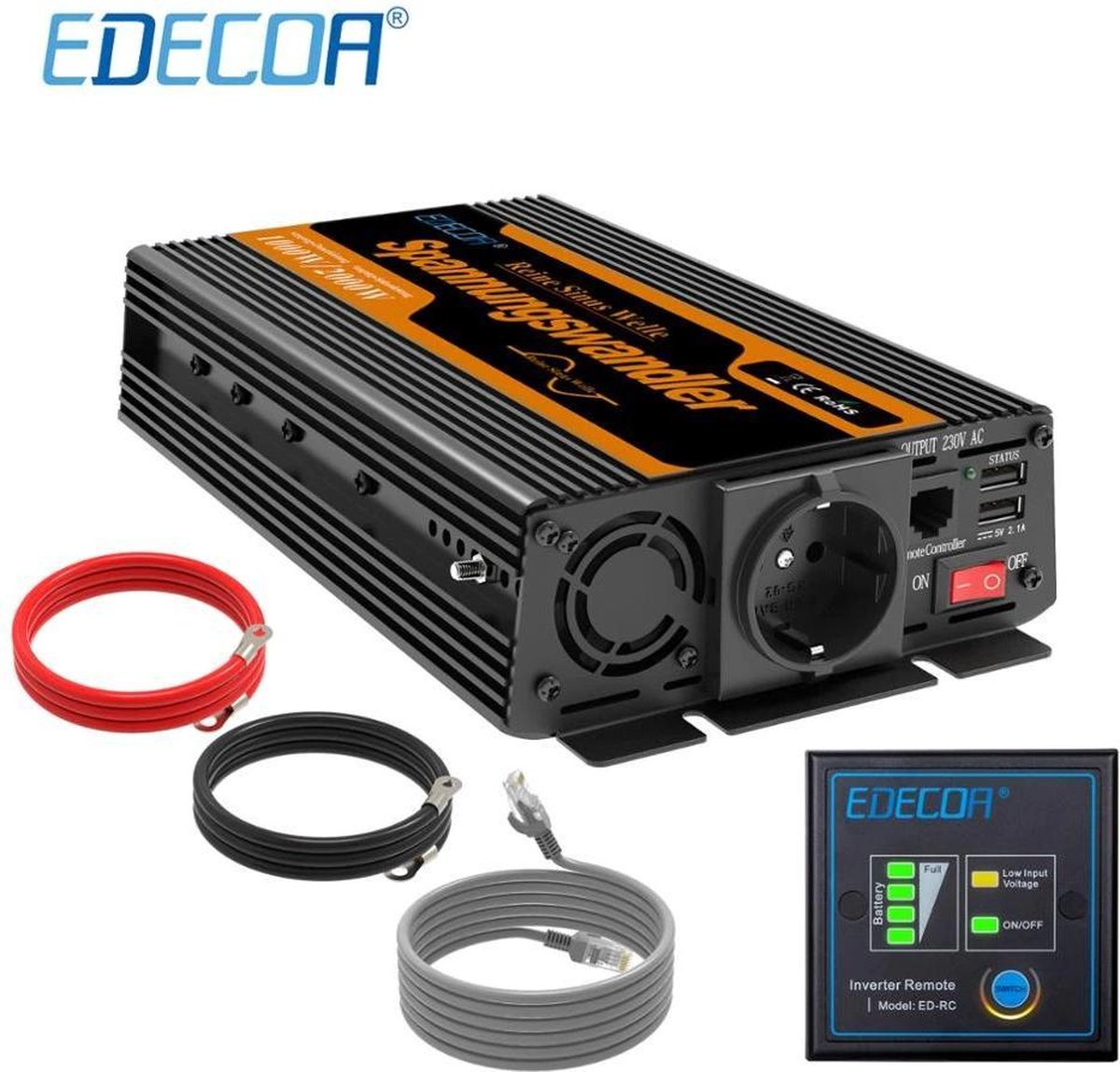 12V-230V Zuivere Sinus Omvormer | 1000W/2000W + controller | 2x USB Poorten