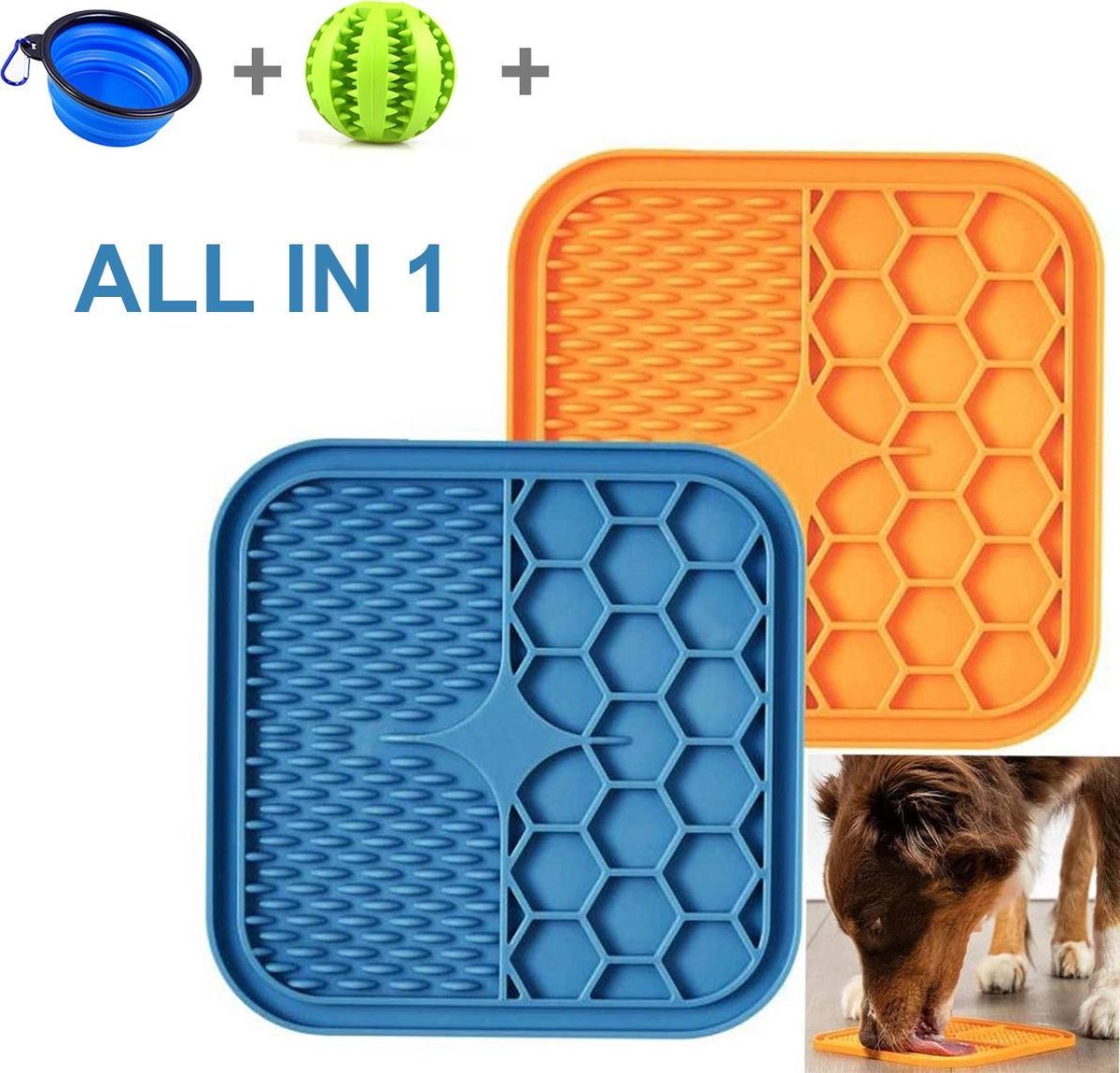 BOTC Lickimat 3 IN 1 - Lickmat + Draagbare Container + Rubber Massagebal Voor Tanden - Blauw /Geel