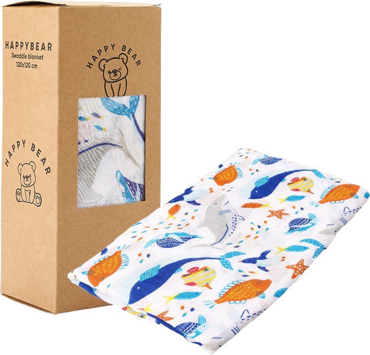 HappyBear - Hydrofiele swaddle doek – Zeedieren | 120cm x 120cm | Inbakerdoek